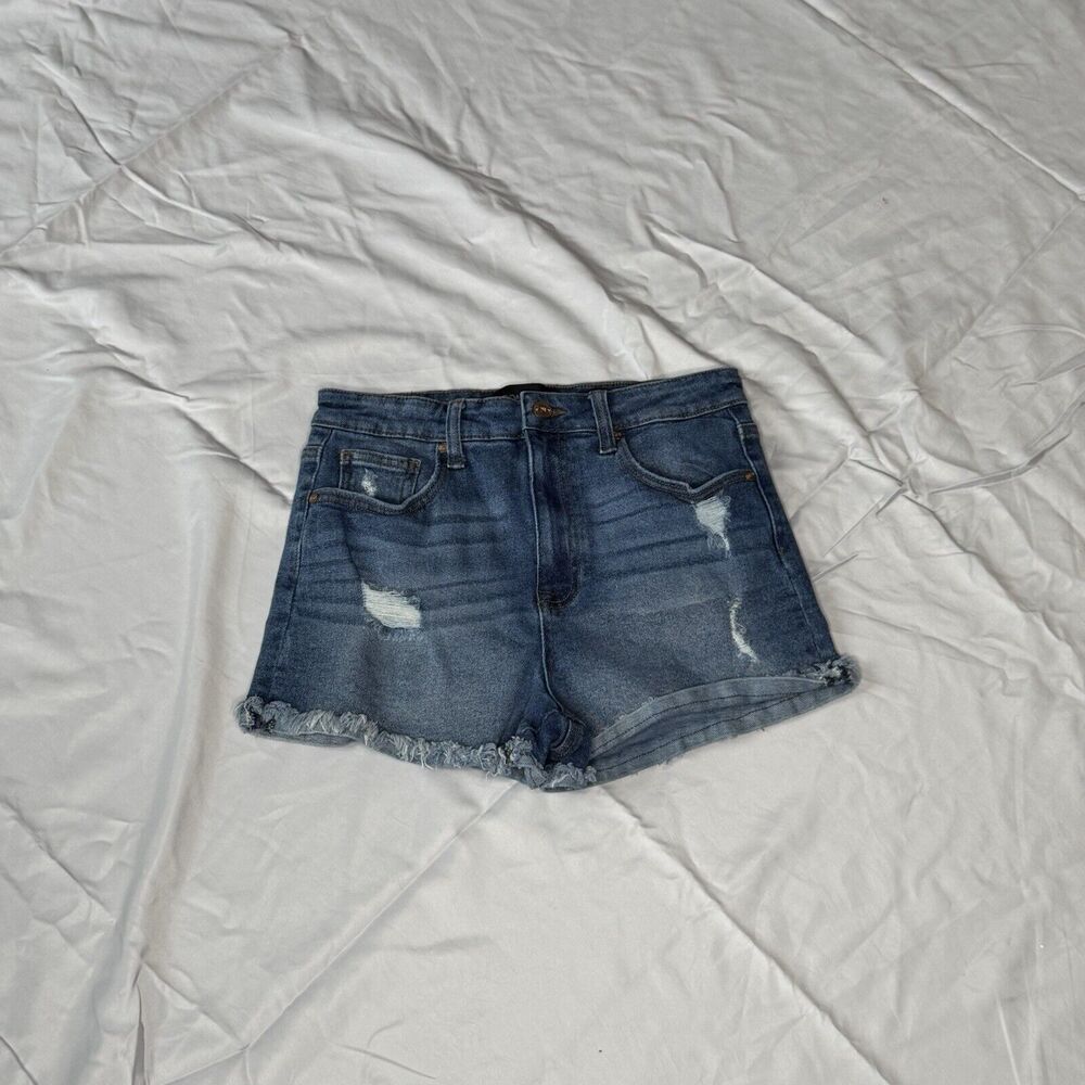 Kendall and Kylie The Drifter High Rise Trust Me Denim Shorts Distress Blue 7/28